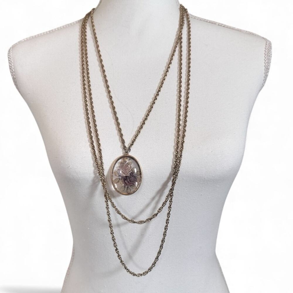 Vintage 1928 Chunky Gold Tone Chain Necklace Flower Pendant Multi Strand Boho